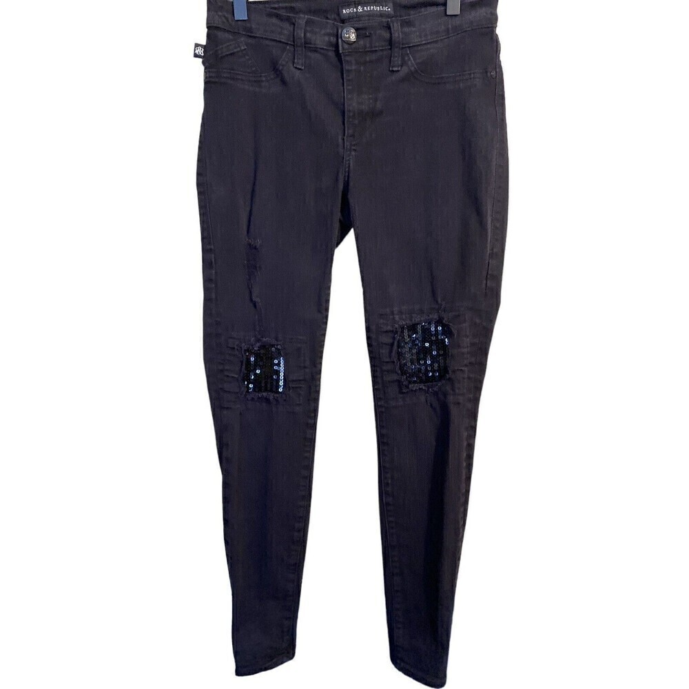 Rock And Republic Jeans Kashmiere Womens Black Size 8M Distressed Sequin